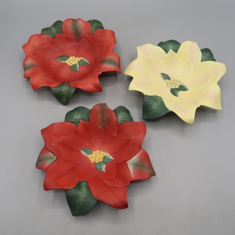 Partylite Poinsettia Ceramic Candle Holder or Trinket Dish Set of 3 Christmas